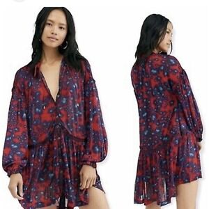 Free People Love Letter Boho Tunic Mini Dress Size XS Floral Peasant Tie Neck